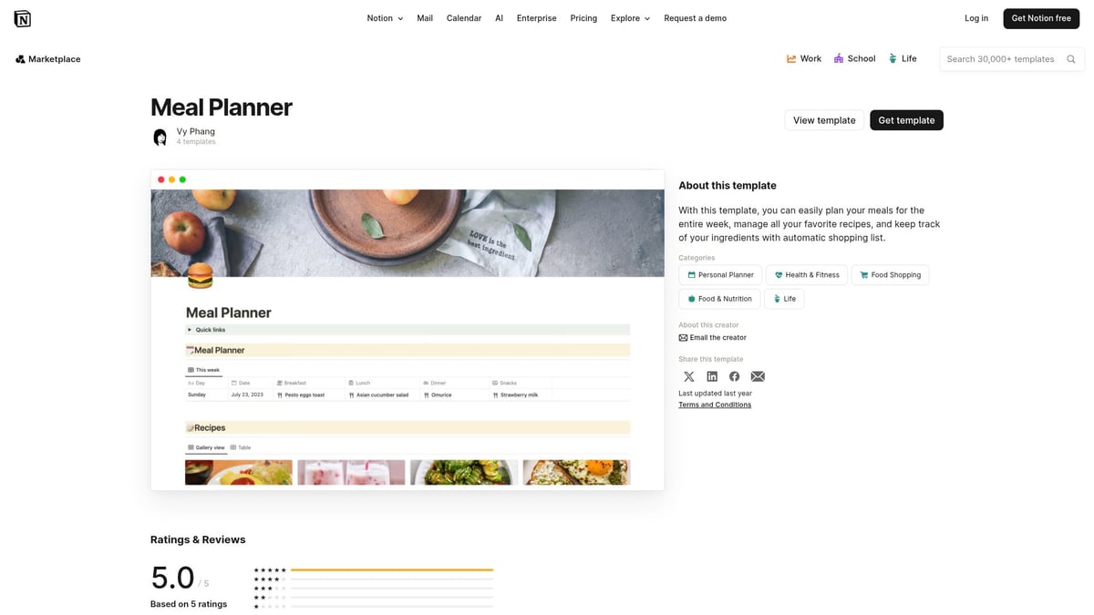 7 Best Notion Meal Planner Templates Free for 2026 - Meal Planner by Vy Phang