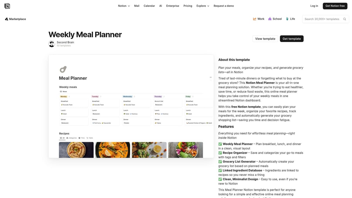 7 Best Notion Meal Planner Templates Free for 2026 - Weekly Meal Planner by Second Brain