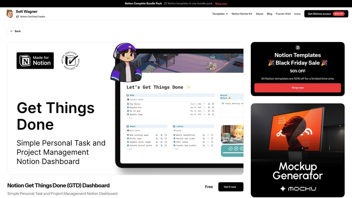 12 Best Notion Templates Free Aesthetic Picks for 2026 - Getting Things Done Notion GTD Dashboard