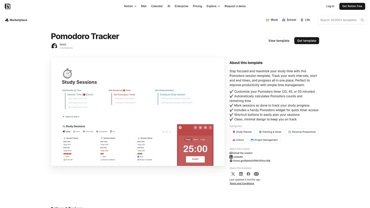Top 7 Planning Notion Template Picks for 2026 Success - Pomodoro Tracker by Immi
