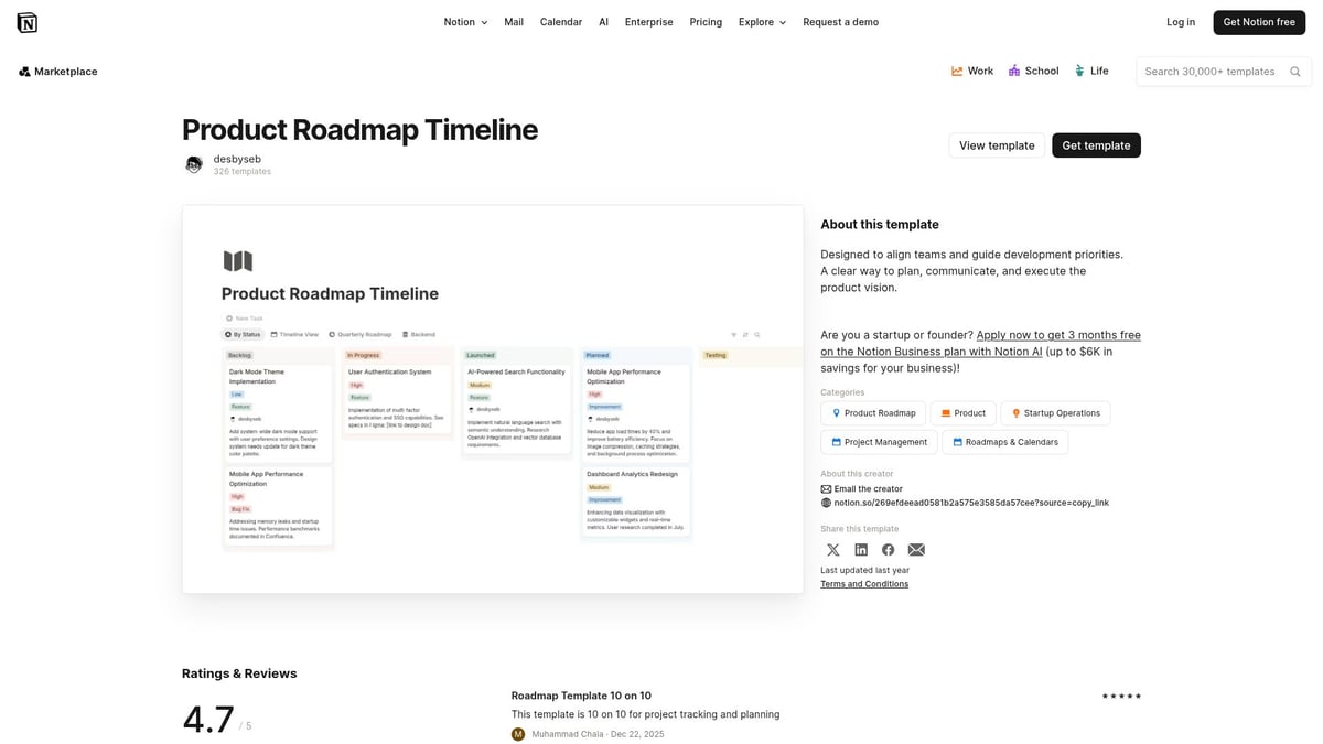 7 Best Notion Roadmap Templates to Streamline 2026 Planning - Product Roadmap Timeline by desbyseb