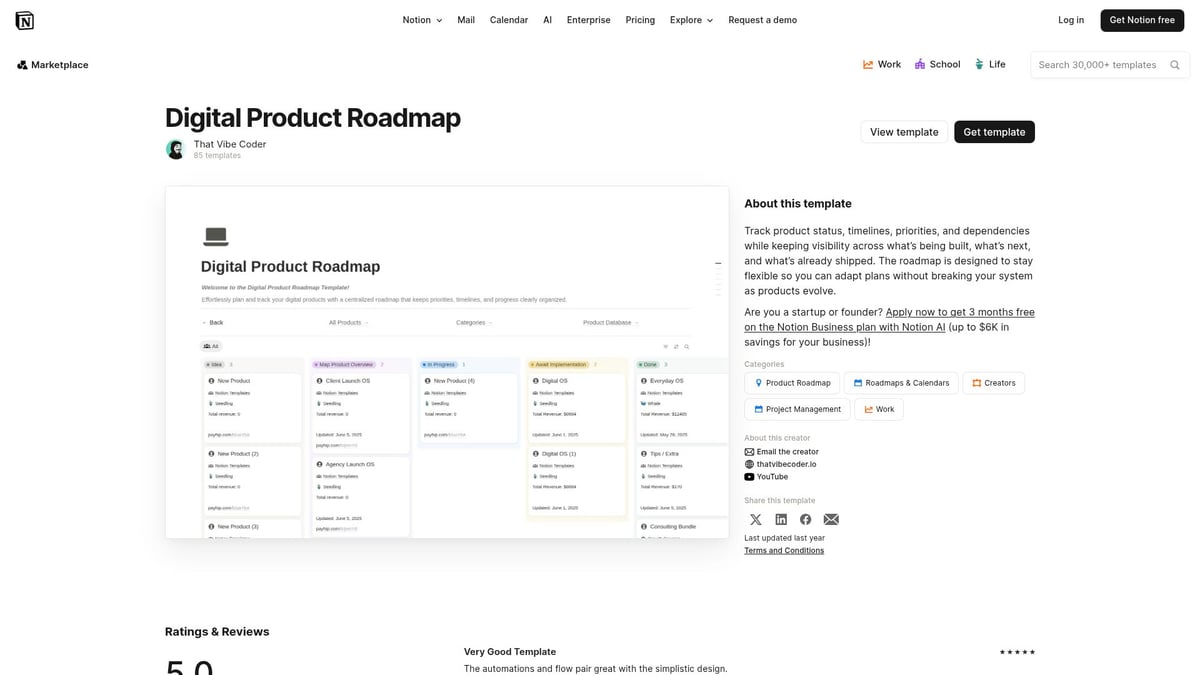 7 Best Notion Roadmap Templates to Streamline 2026 Planning - Digital Product Roadmap by That Vibe Coder