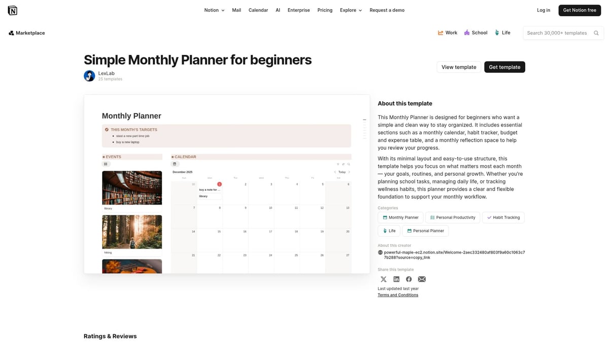 7 Best Notion Monthly Planner Template Picks for 2026 - Simple Monthly Planner for Beginners by LexLab