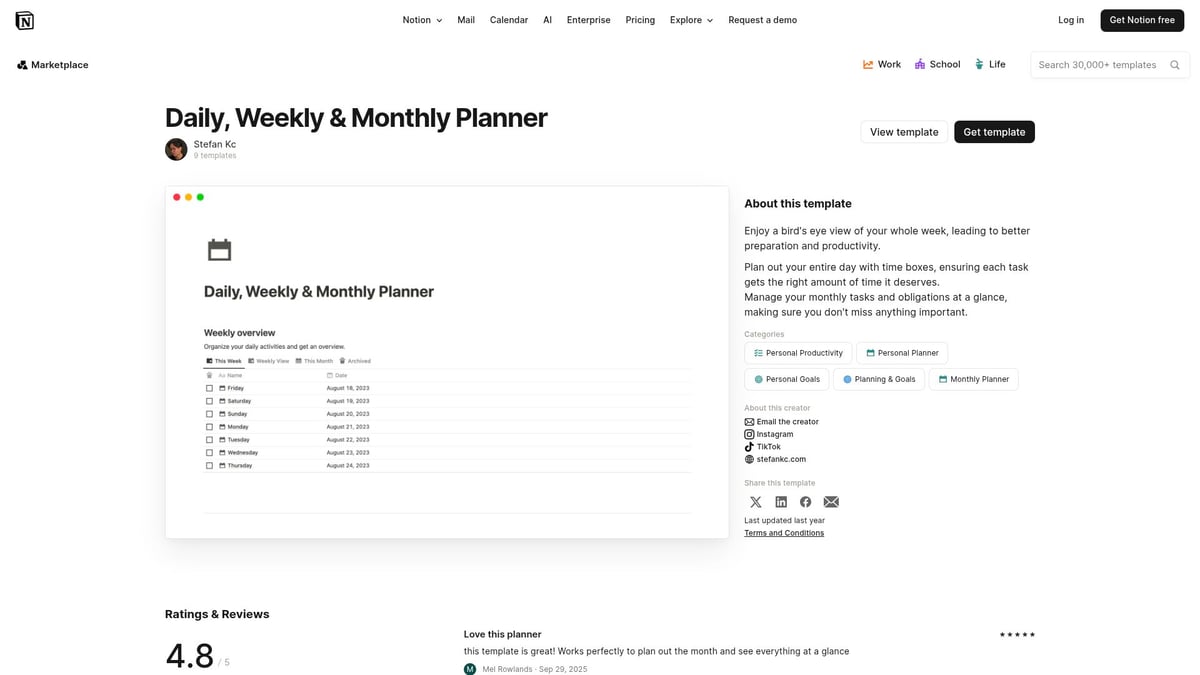 7 Best Notion Monthly Planner Template Picks for 2026 - Daily, Weekly & Monthly Planner by Stefan Kc