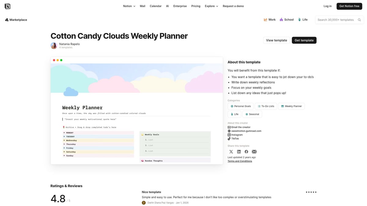 7 Must-Try Notion Planner Ideas for 2026 Productivity - Cotton Candy Clouds Weekly Planner by Natania Rapelo