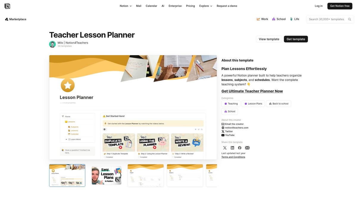 7 Best Notion Lesson Plan Template Picks for 2026 - Teacher Lesson Planner by Milo | Notion4Teachers (Free)