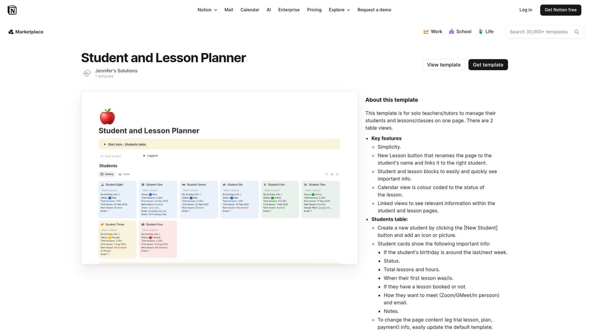 7 Best Notion Lesson Plan Template Picks for 2026 - Student and Lesson Planner by Jennifer's Solutions (Free)