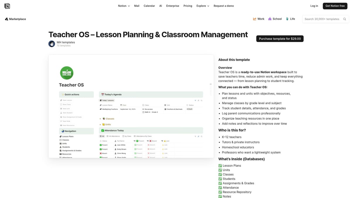 7 Best Notion Lesson Plan Template Picks for 2026 - Teacher OS – Lesson Planning & Classroom Management by MH templates ($29.00)