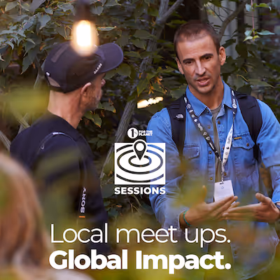 Two people talking with text that says, "Local meets ups. Global impact."