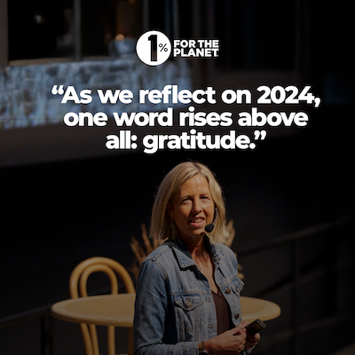 Kate Williams speaking on stage with text that says "As we reflect on 2024, one word rises above all: gratitude."