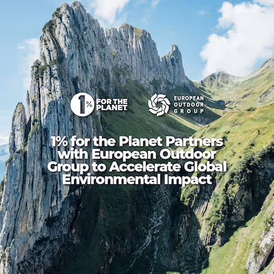 Green and grey mountains with text that says, "1% for the Planet partners with European Outdoor Group to accelerate global environmental impact."