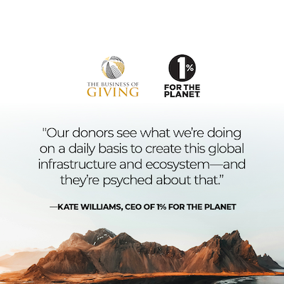 Mountains and blue sky with 1% for the Planet logo and Business of Giving logo