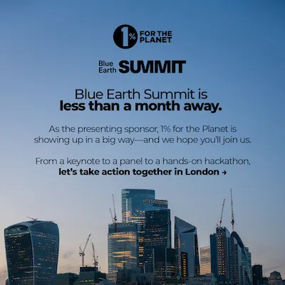 Cityscape with 1% for the Planet logo and Blue Earth Summit logo.