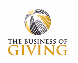 Logo with abstract curved shapes above text 'THE BUSINESS OF GIVING' in black and gold font.