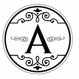 Decorative black letter A with ornamental swirls in a circular border.