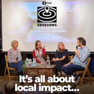 Four people speaking on a panel with text that says, "It's all about local impact..."
