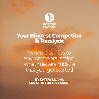 An orange sunset sky with text that says, "Your Biggest Competitor is Paralysis"