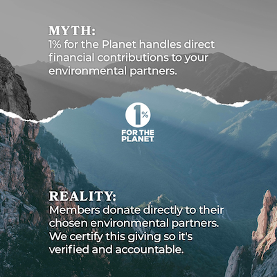 Blue mountains with text that says, "Myth: 1% for the Planet handles direct financial contributions to your environmental partners."