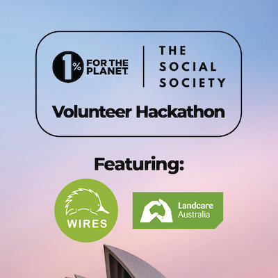 Sunset backdrop with text that says, "1% for the Planet Hackathon."