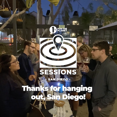 Palm trees and people with text that says," Thanks for hanging out, San Diego!"