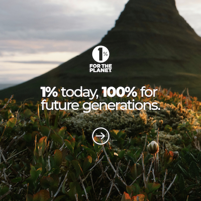 Mountains with text that says, "1% today, 100% for future generations."