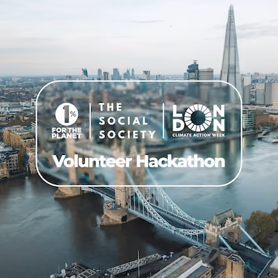 London cityscape with text that says "Volunteer Hackathon"