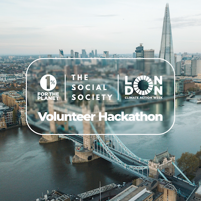 London cityscape with text that says "Volunteer Hackathon"
