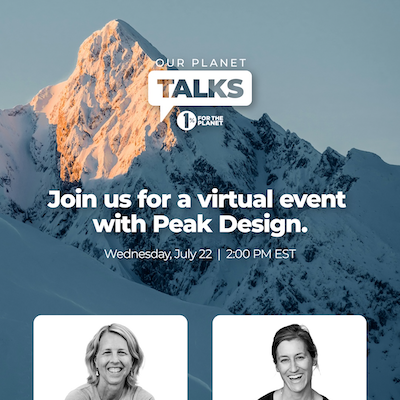 Snowy mountains with text that says, "Join us for a virtual event with Peak Design."