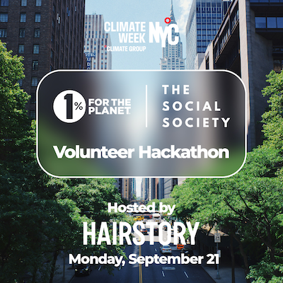 New York nature background with text that says, 1% for the Planet Hackathon."