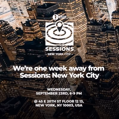 NYC cityscape with text that says, "We're one week away from Sessions: NYC."