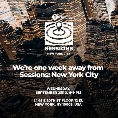 NYC cityscape with text that says, "We're one week away from Sessions: NYC."