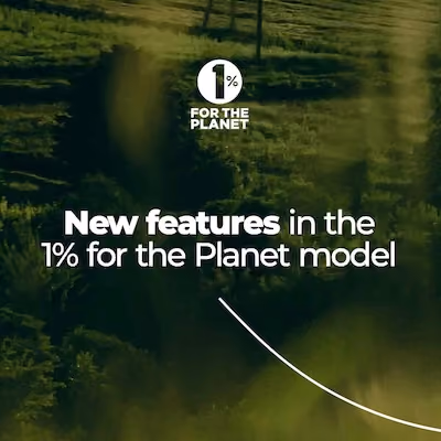 Green nature background with text that says, "New features in the 1% for the Planet model."