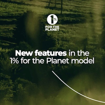 Green nature background with text that says, "New features in the 1% for the Planet model."