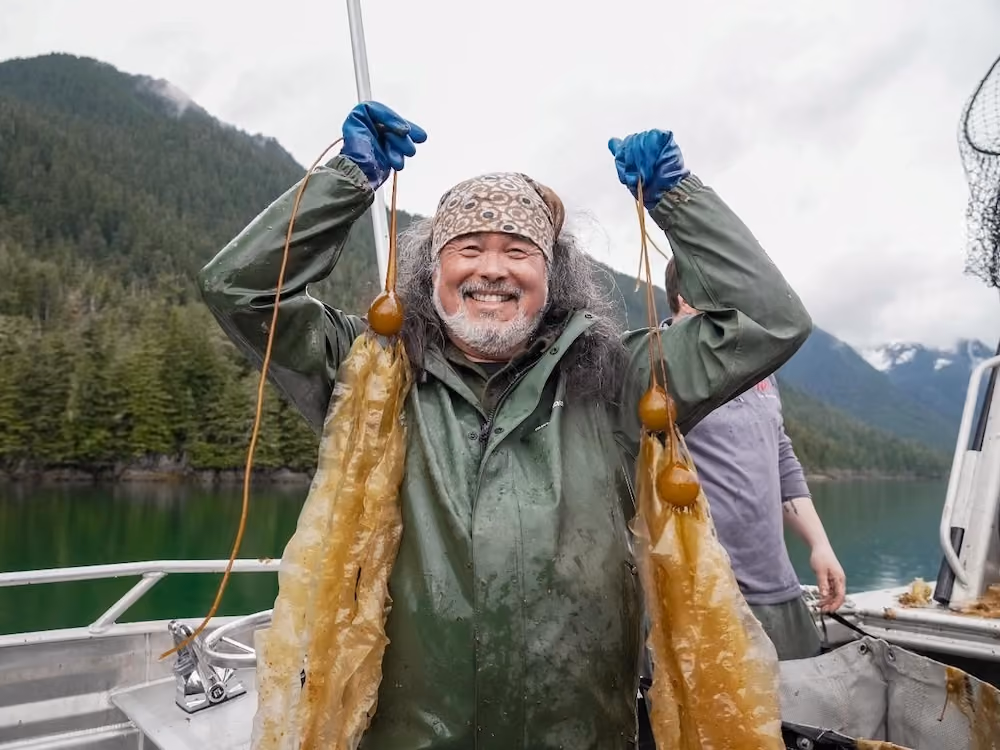 Smiling man wearing a green rain jacket and a patterned headband holding two large strands of kelp on a boat with a forested mountain and calm water in the background.