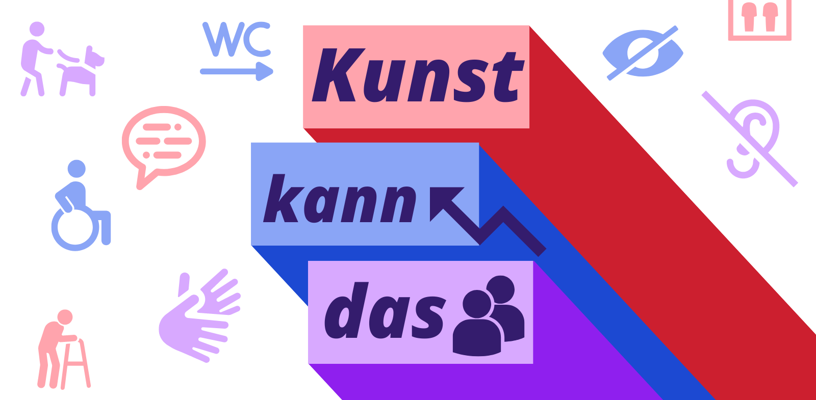Grafik mit der Überschrift: "Barrierefreiheit - eine Sache der Kultur". Unten rechts drei bunte Balken in lila, blau und rot. In jedem Balken steht ein Wort, zusammen ergibt es: "Kunst kann das". Drumherum verschiedene Symbole für Barrierefreiheit, z.B. Aufzug, Rollstuhl, Person mit Assistenzhund, Hände für Gebärdensprache.