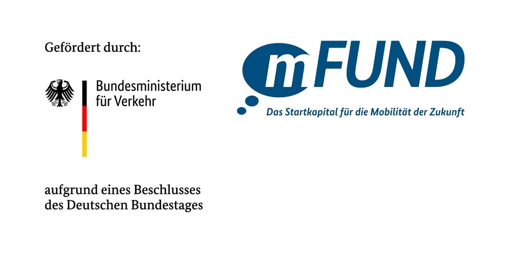 Förderhinweis mit zwei Logos: Bundesministerium für Verkehr – gefördert aufgrund eines Beschlusses des Deutschen Bundestages – und mFUND, Das Startkapital für die Mobilität der Zukunft.