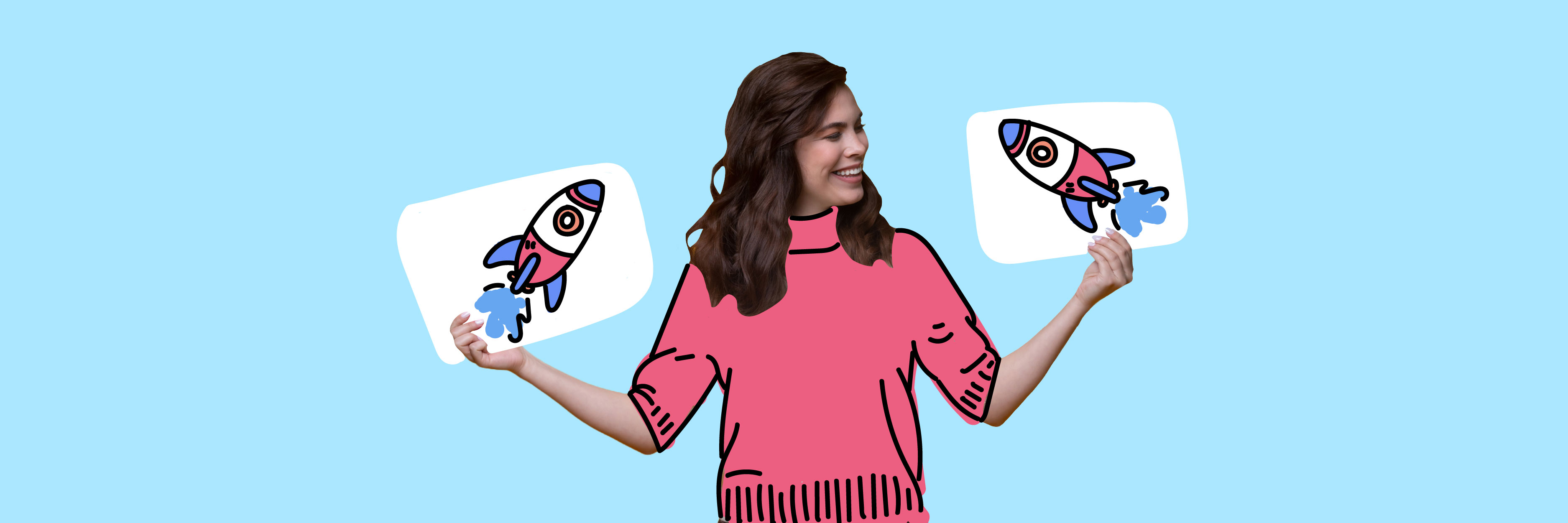 Smiling woman wearing a digitally illustrated pink sweater, holding two white cards each with a cartoon rocket drawing against a light blue background.