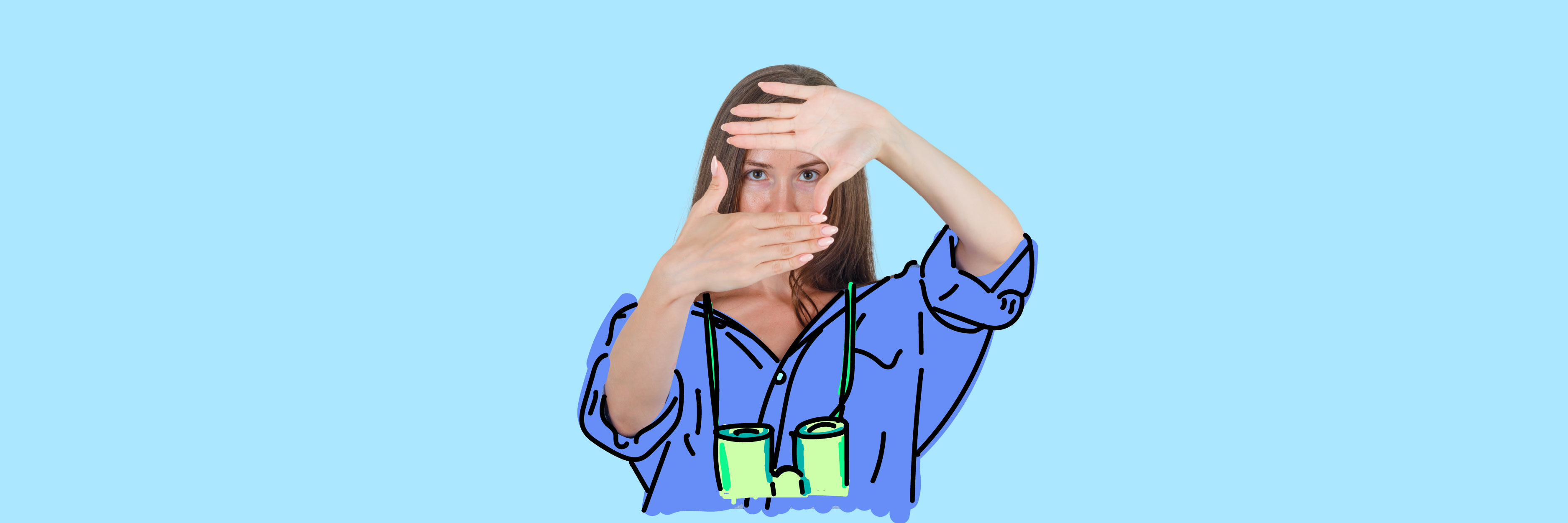 Woman framing her face with her hands, wearing a partially illustrated blue shirt and green binoculars over a light blue background.