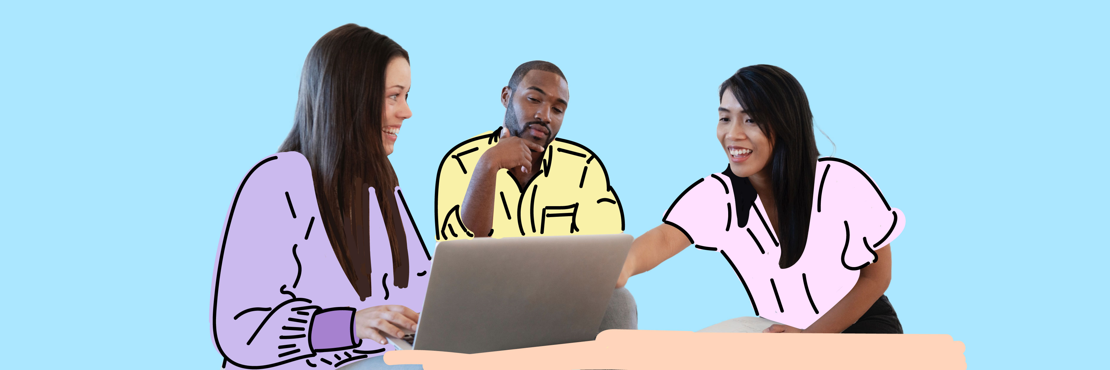 Three people gathered around a laptop, smiling and engaged in discussion, with colorful digital outlines on their clothing against a blue background.