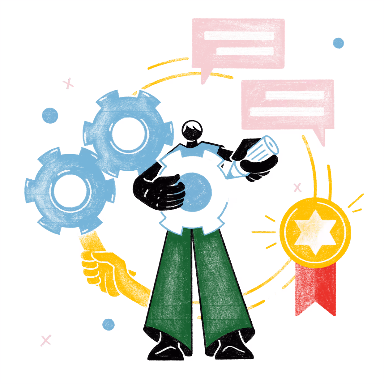 Die Figur dieser Illustration stellt die Unternehmenskultur in integrativen Betrieben dar: eine positive Haltung zu Qualität und Leistung wird vermittelt.
