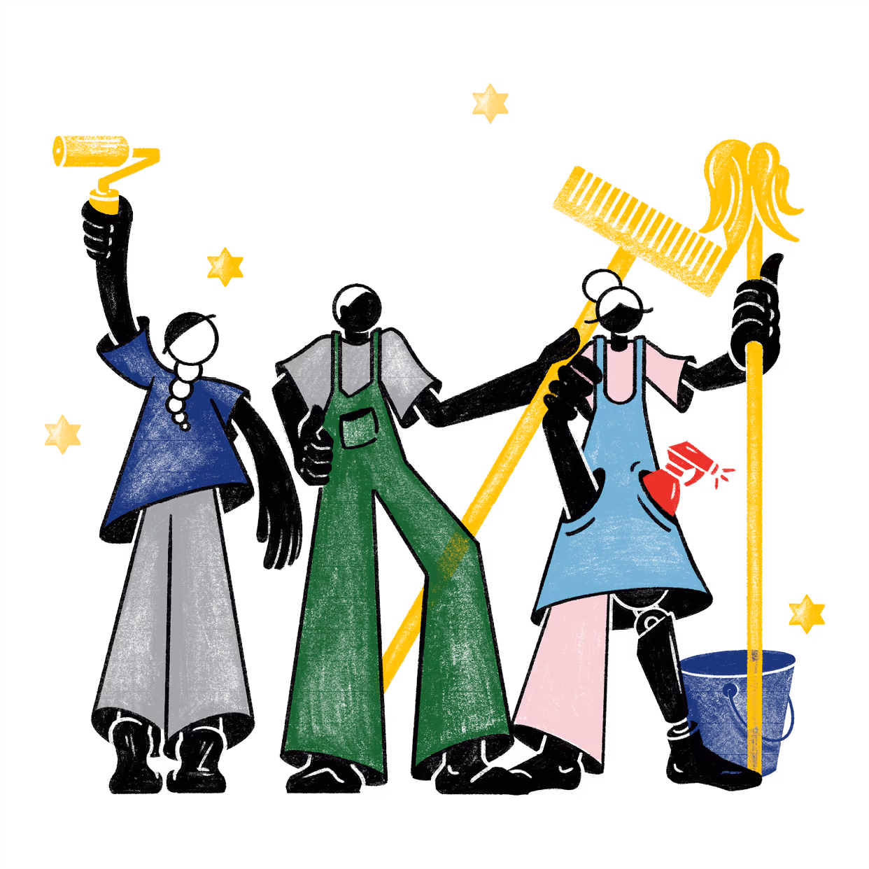 Die Figuren dieser Illustration stellen die verschiedenen Dienstleistungsbranchen dar, in denen die integrativen Betriebe tätig sind.
