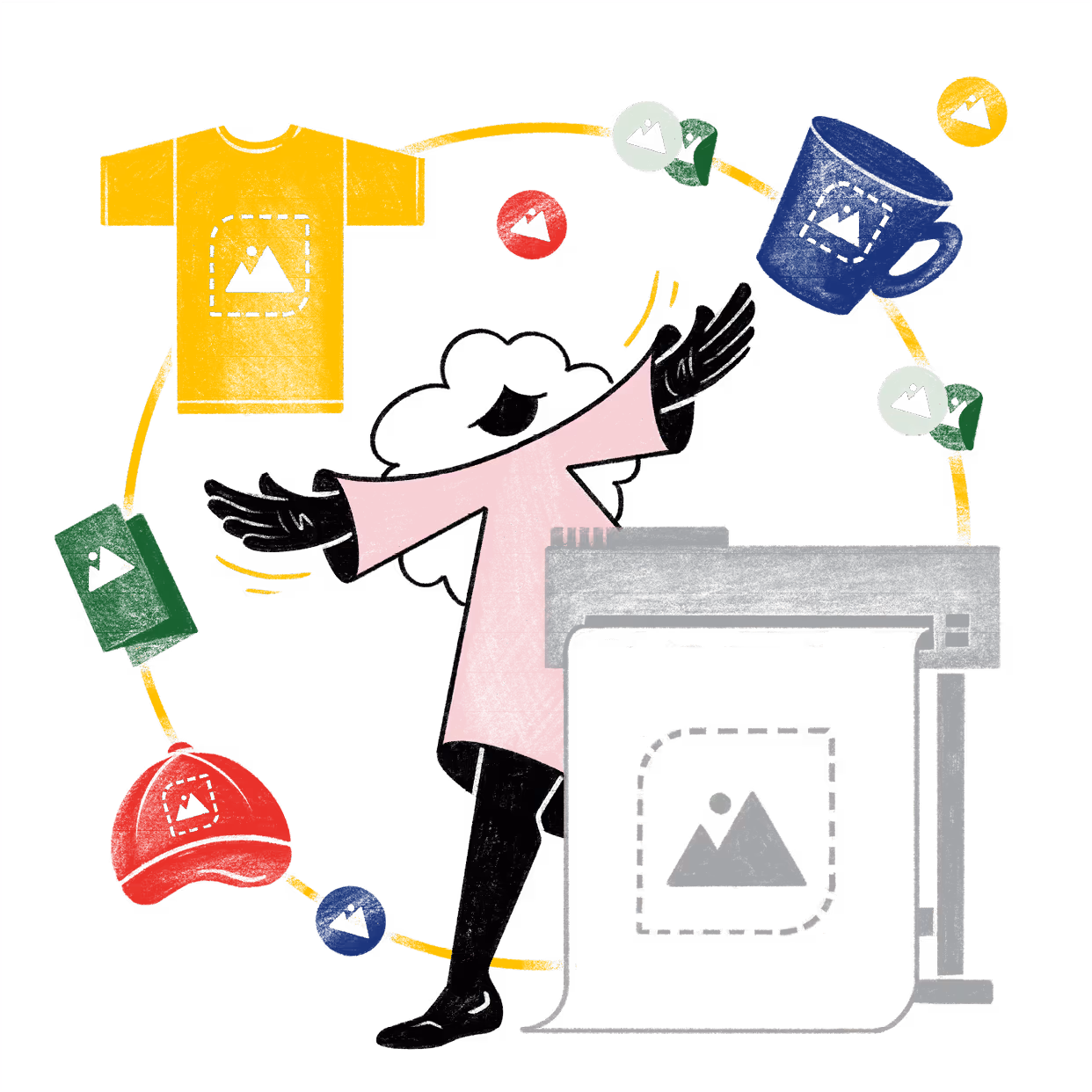 Die Figur dieser Illustration stellen die verschiedenen Leistungen eines integrativen Betriebs in der Werbemittelbranche dar.
