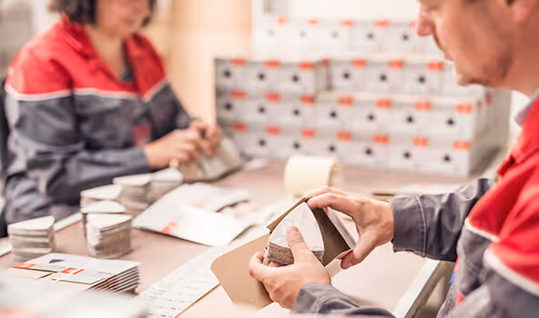 Zwei Mitarbeiter des integrativen Betriebes konfektionieren und verpacken Schleifmittel.