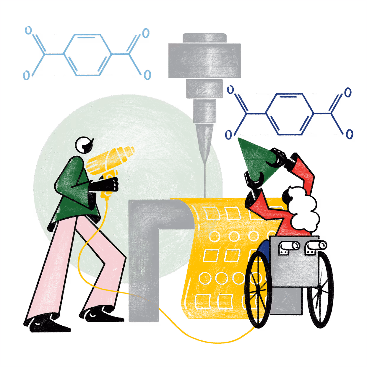 Die Figuren dieser Illustration stellen die verschiedenen Leistungen eines integrativen Betriebs in der Kunststoffbearbeitung dar.
