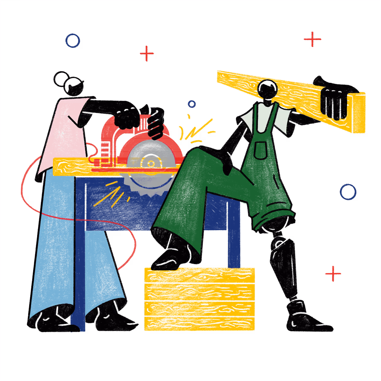 Die Figuren dieser Illustration zeigen eine Fachkraft in integrativen Betrieben an der Kreissäge und eine Fachkraft, die Holzbretter stapelt.

