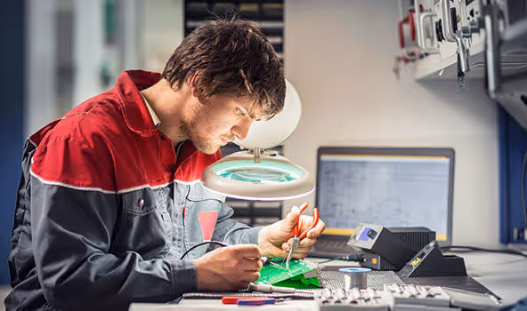 Eine Fachkraft, die in einem integrativen Betrieb elektronische Schaltkreise auf einer Platine lötet.