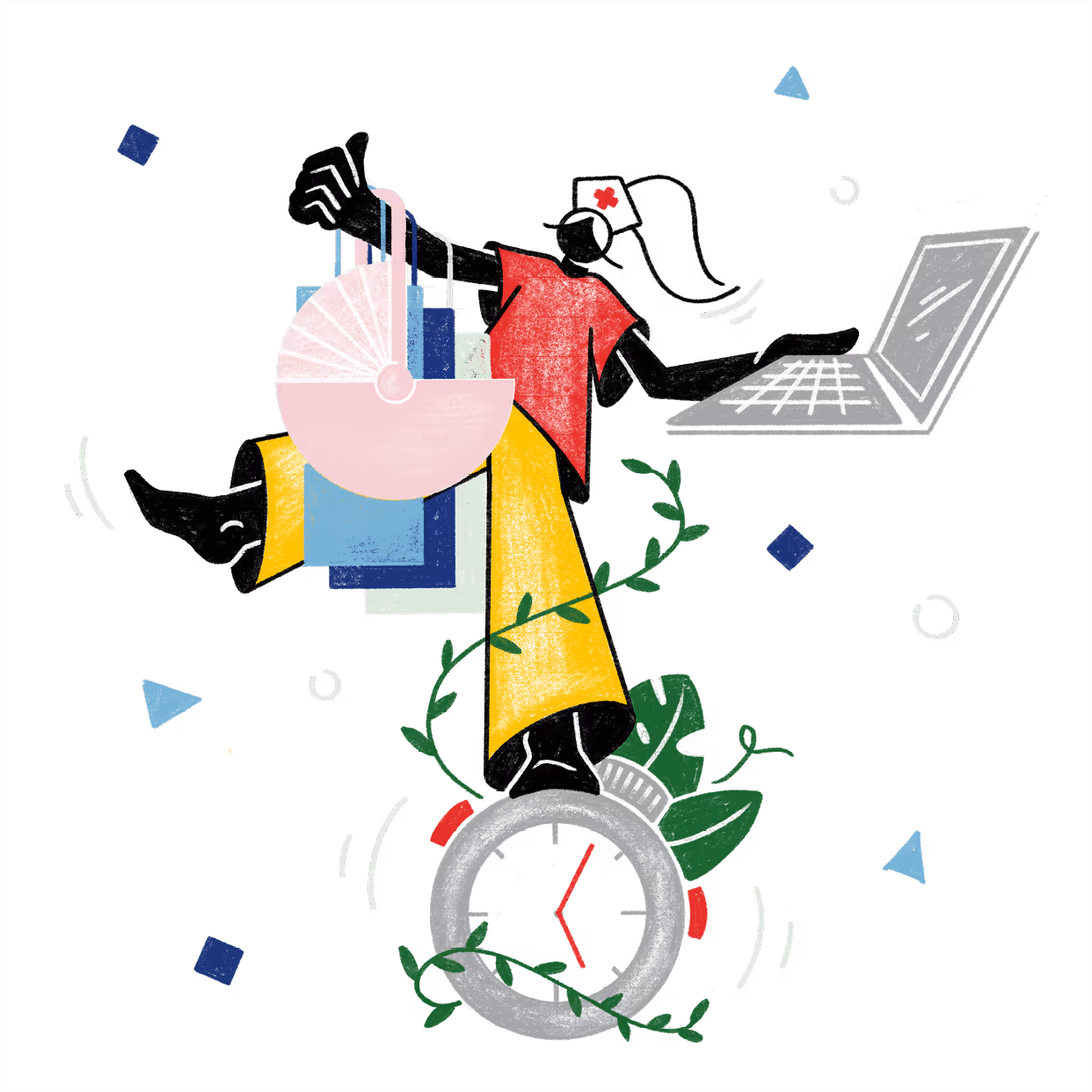 Diese Illustration zeigt eine Figur in unterschiedlichen Lebensphasen - ein integrativer Betrieb begleitet MitarbeiterInnen in den unterschiedlichen Lebensphasen.
