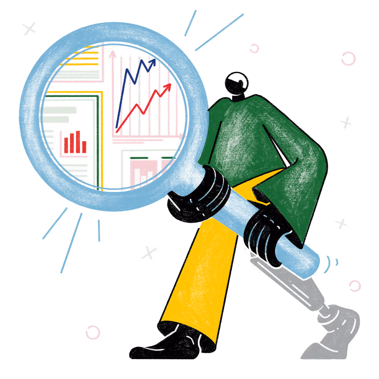 Diese Illustration zeigt eine Figur mit einer übermenschlich großen Lupe und verdeutlicht die offene und transparente Unternehmenskultur eines integrativen Betriebs.

