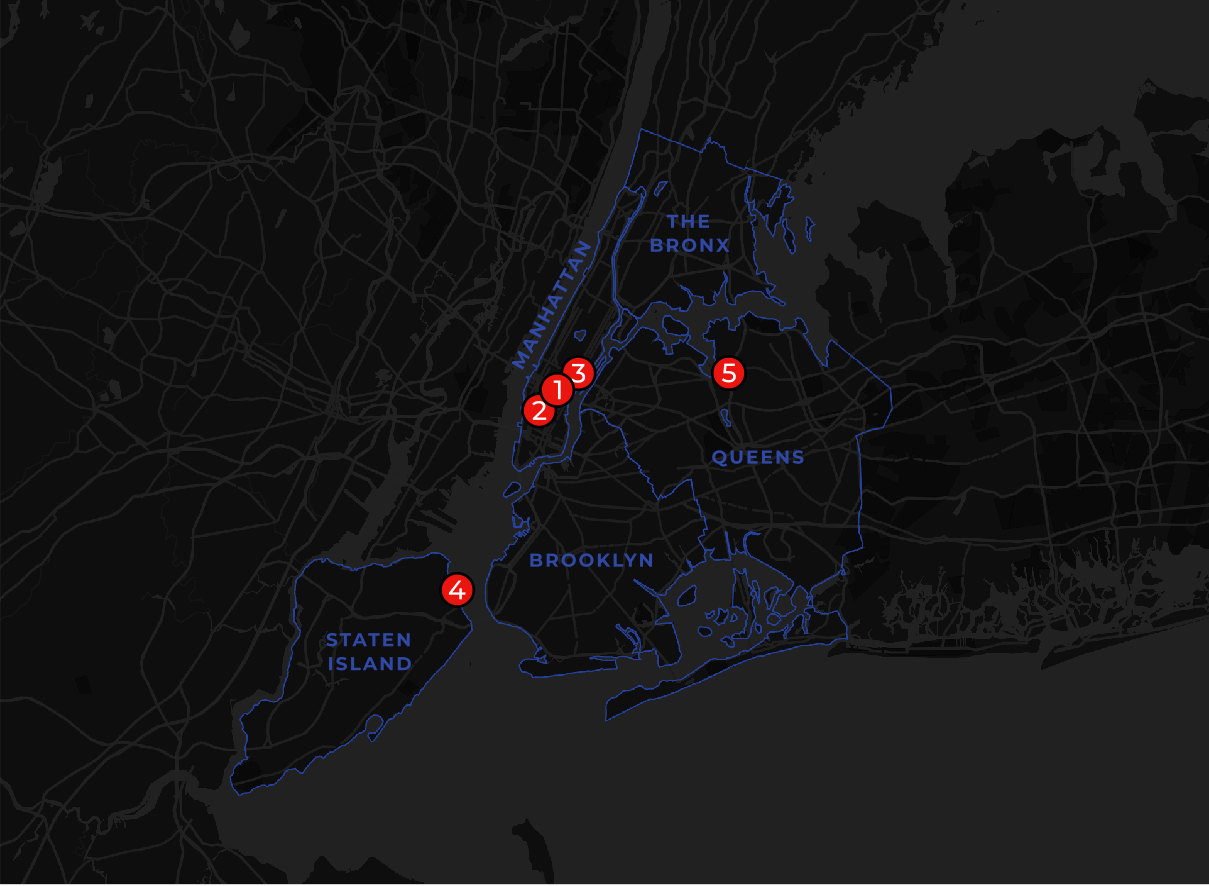 map showing locations with the most coffee shops in new york city