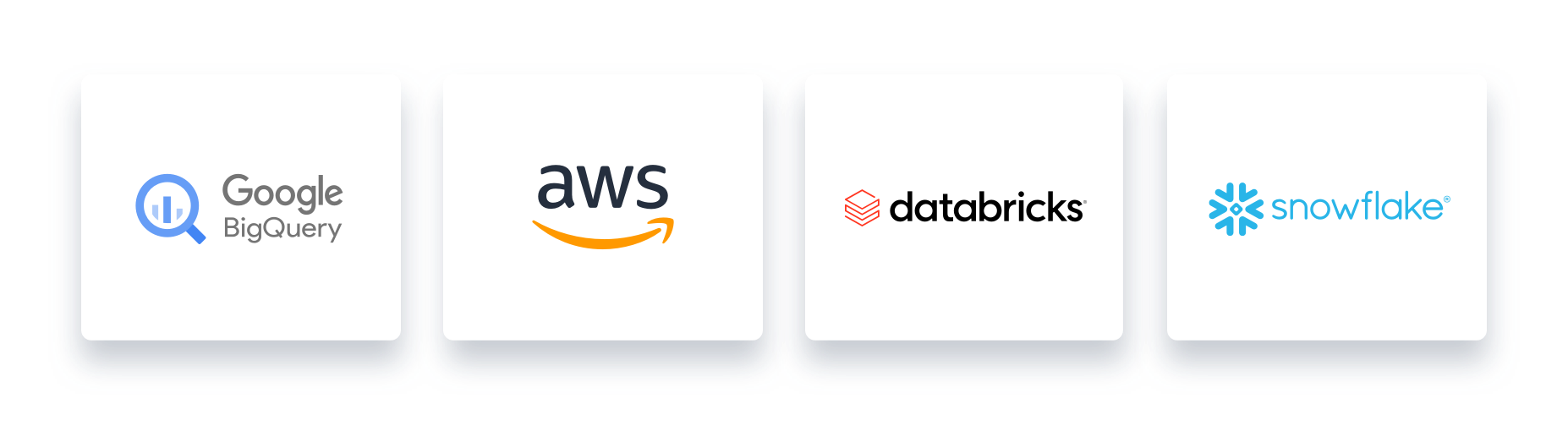 Logos of BigQuery  AWS  databricks  and Snowflake